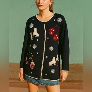 Vintage Cherokee Womens Blue Ramie Cotton Embroidered‎ Button Knit Sweater sz 14